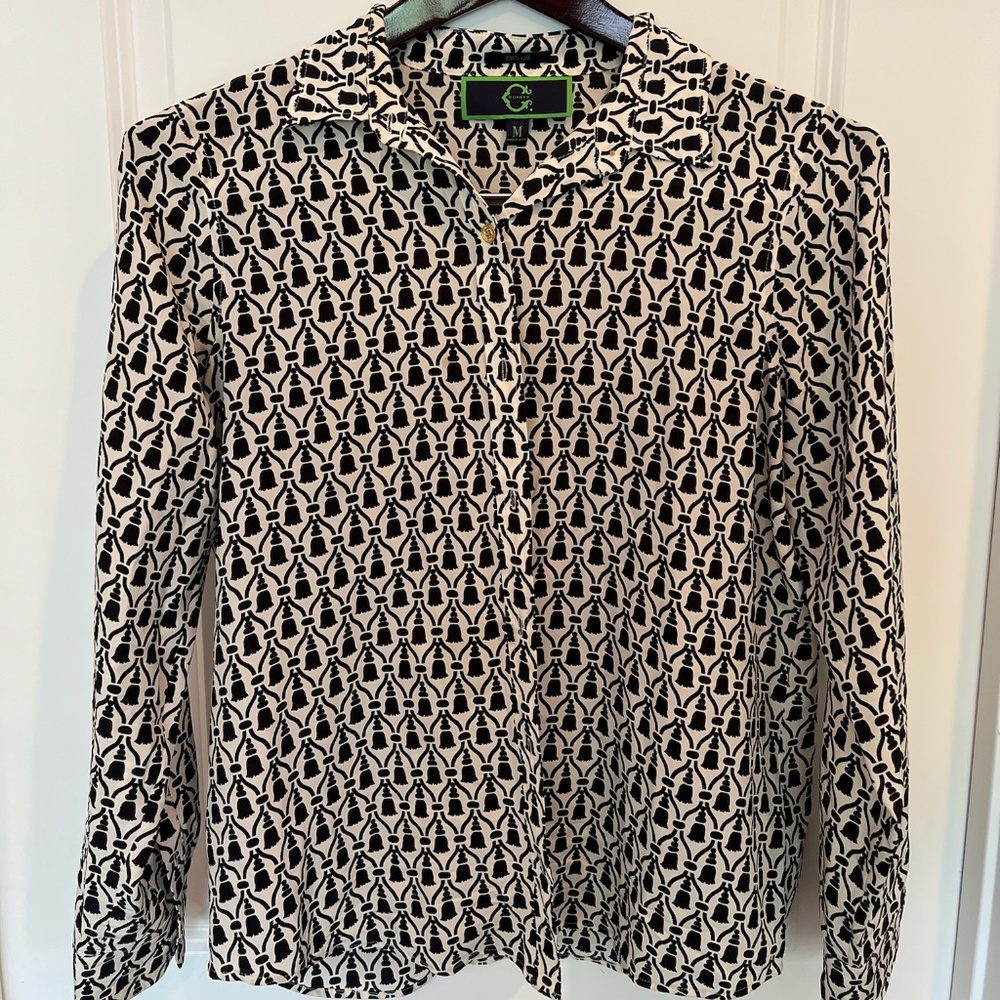 C. Wonder 100% Silk Black and White Button Up with Gold Buttons